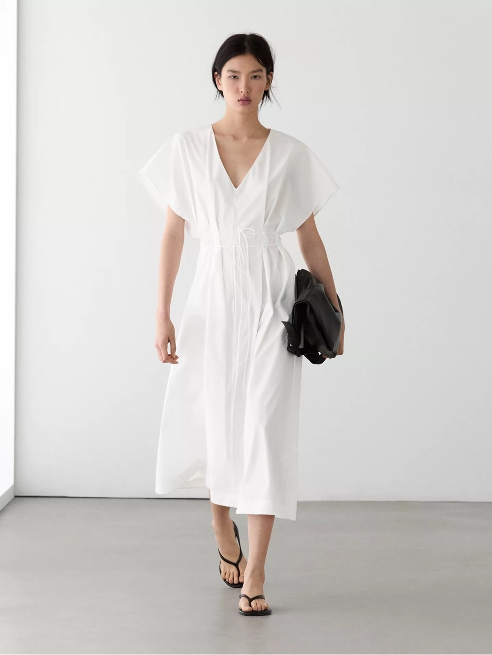 Massimo Dutti White V-Neck Drawstring Midi Dress